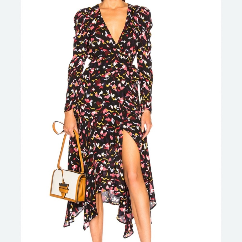 A.L.C Tianna Midi Wrap Dress Women’s Sz 4 100% Silk Black Print Celebrity Fave